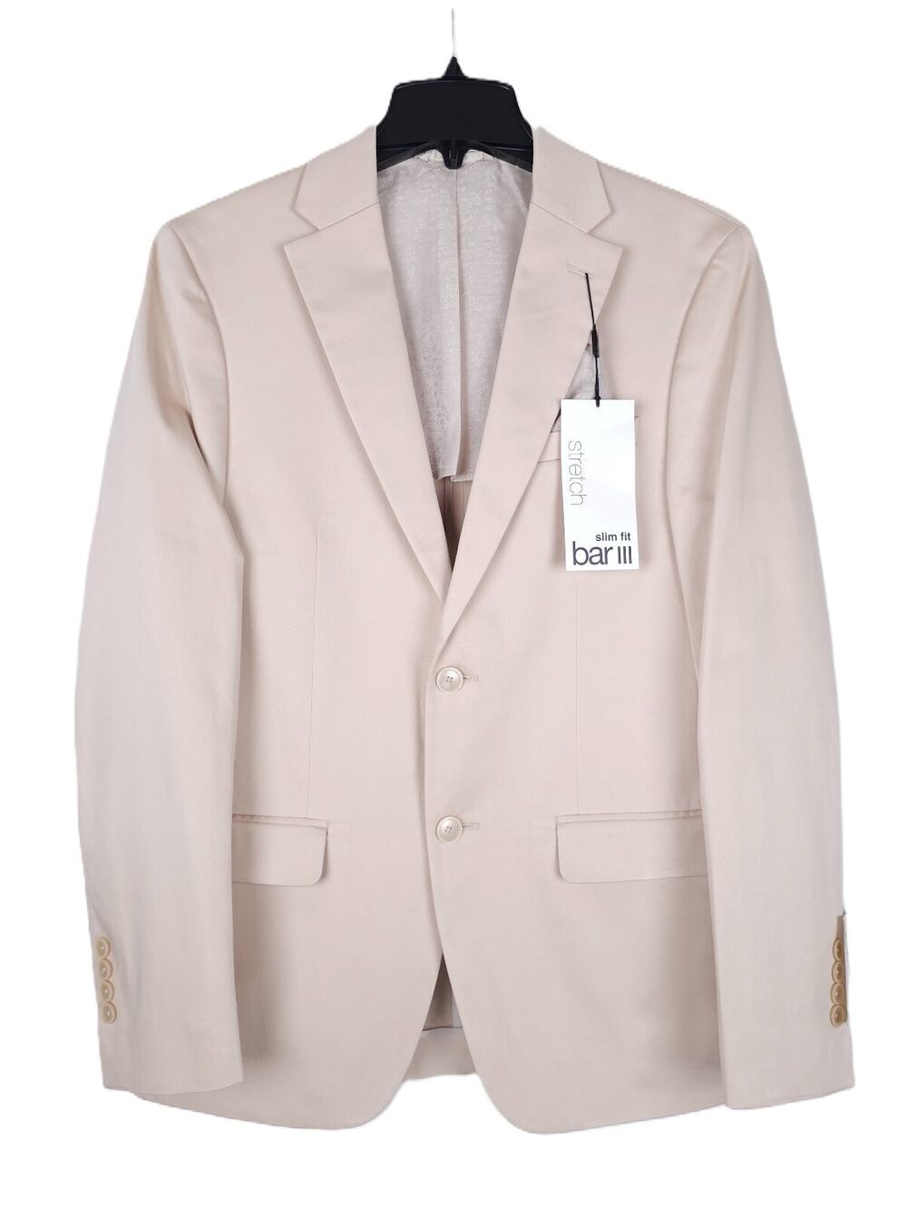 Bar III Mens Slim Fit Suit Jacket Blazer 40S Tan Solid Stretch Cotton Blend NWT